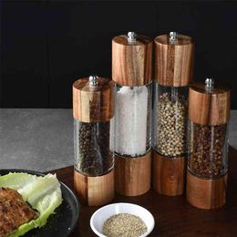 Acacia Cylindrical Grinder, Transparent Pepper Mill, Salt Grinding Ceramic Core, Multi-purpose Seasoning Bottle Kitchen Tools 210611