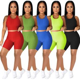 5 Colors Summer Women Tracksuits Plain Yoga Outfits 2 Piece Sets Sleeveless T-shirt+Shorts Fashion Sportswear Jogging Suits Solid Color