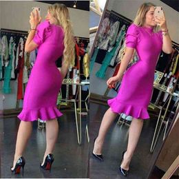 New Autumn Women Bandage Dress O-Collo Ruffle Manica corta Fishtail Midi Vestito aderente Elegante Celebrity Hot Pink Vestidos 210331