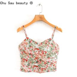 -selling Summer Crop Top French Vintage Floral Print Back Zipper Folding Decoration Small Sling Chic 210514