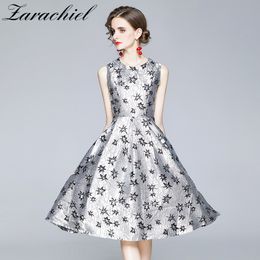 Summer Fashion Runway Jacquard Women's Sleeveless O Neck Elegant Star Embroidery Weave Ball Gown Tank Dresses 210416