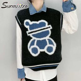 SURMIITRO Spring Autumn Kawaii Bear Cashmere Knitted Sweater Vest Women Sleeveless Waistcoat Female Korean Style Cute Tops 210712