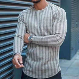 Fashion Pullover Casual Striped T-shirt For Male Fitness Long Sleeve T Shirts Mens Slim Clothes O Neck Tees Tops t shirt 210515