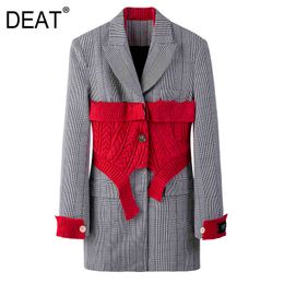 Women Red Patchwork Plaid Knitted Girdle Blazer Lapel Long Sleeve Loos Jacket Fashion Tide Spring Autumn SH448 210421