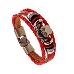 Tennis Red Leather Manual Braided Lucky Bracelets Skull Decoration Wrist/Arm Genuine Bangles Jewelry Fo Birthday Gifts