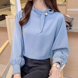 Puff Long Sleeve Chiffon Shirt Women Autumn Office Lady Solid Pullover Blouse Plus Size Beading Female Clothing 11022 210508