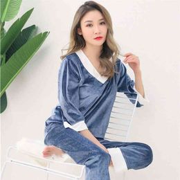 Plus Size Long Sleeve V-neck Gold Velvet Pajama Sets for Women Autumn Winter Sleepwear Suit Pyjama Homewear Pijama Mujer Clothes 210330