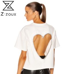 Women T-shirt Hollow Out Diamond Sexy White T Shirt Asymmetry Loose Casual Short Sleeve Tshirt 210513