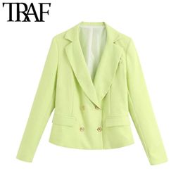 TRAF Women Fashion Double Breasted Cropped Blazers Coat Vintage Notched Collar Long Sleeve Female Outerwear Chic Tops 210415