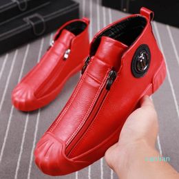Yüksek üst ayakkabılar erkek sütürler çifte güvenlik ünlü ayakkabılar modaya uygun erkek martin ayakkabı kadife yan fermuarlı tahta ayakkabı ile kırmızı