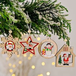 12PCS/Set Christmas Decoration Santa Snowman Snowflake Wooden Pendants New Year Xmas Tree Hanging Ornaments KDJK2110