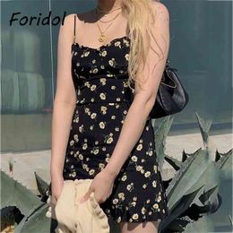 Foridol Floral Print Ruffle Slip Summer Dress Women Clothing New Strap Sleeveless Boho Dress Short Beach Black Dress 210415