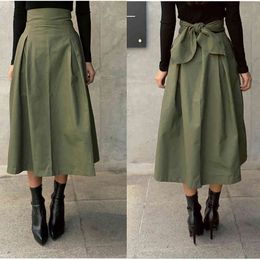 Skirts Womens Korean Fashion Solid Colour Big Swing Ladies Long Autumn Wild High Waist Bow Slim 909E 210420