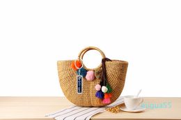 Anti-Lost Hand-Woven Straw Bag Handmade Yellow Grass Weave Handbag Colourful Tassel Wool Ball Beach Bag