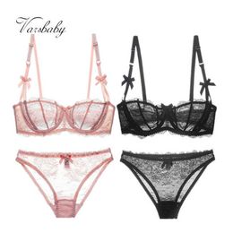 Briefs Panties Varsbaby sexy lace ultra-thin transparent half cup for women 2 bra sets/lot L2404