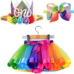 headband knots Canada - Skirts Baby Girl Bow-knot Headband Party Dance Children Clothing Rainbow Princess Tutu Skirt Hair Band Tulle Suit