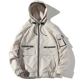 male white coat Australia - Men's Jackets Streetwear Hooded Jacket Men Korean Fashion Hip Hop Japanese Coat Male Casual Cargo Creamy-white Man Windbreaker