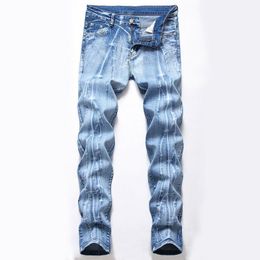 Men's Jeans Printing Distressed Light Blue Hombre Straight Slim Fit Denim Pants Male Casual Softener Trousers