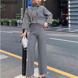 Spring Houndstooth Knitted 2 Piece Sets Outfits Women Turtleneck Tops + Wide Leg Pants Suits Fashion Elegant Office 210513
