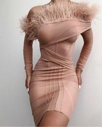 Women Sexy Designer Feathers Pink Bandage Dress Winter Ladies Elegant Off the Shoulder Bodycon Party Vestido 210527