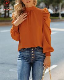 Women's Blouses & Shirts Fashion Women Solid Colour Blouse For Streetwear Hollow Out Design Bandage Decor O-Neck Puff Long Sleeve Spring Autu
