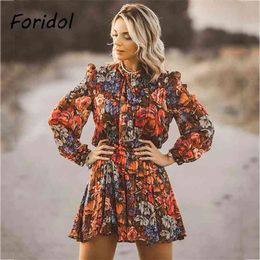 Foridol Floral Print Long Sleeve Vintage Spring Autumn Dress Women Bowknot Lace Up Ladies Elegant Short Red Dress 210415