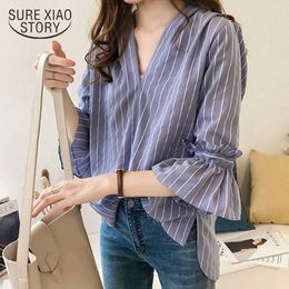 Summer Women Tops and Blouse Korean Version Trumpet Sleeves V-neck Design Striped Shirt Blusa Verano Mujer 9212 50 210527