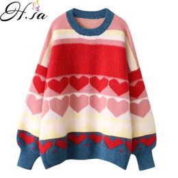 Women Winter Sweet Knit Pullovers Heart Printed Casual Jumpers Lantern Sleeve Oversized Kawaii Suter Mujers 210430