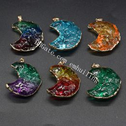 Handmade Moon Shaped Gold Plated Multi Coloured Raw Stone Pendant Titanium Coated Natural Rough Crystal Gemstone Quartz Crescent Healing Point Protection Charms