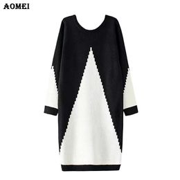 Women Sweater Dress White and Black Midi Winter Knitted Long Sleeve Casual Fashion Femme Robes Gowns Office Ladies Clothing 210416