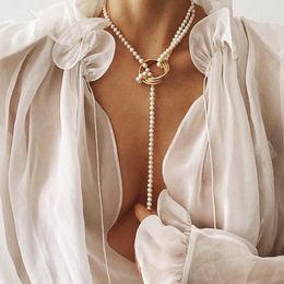 VAGZEB Vintage Baroque Irregular Pearl Lock Chains Necklace Geometric Coin Pendant Love Necklaces for Women Punk Jewellery