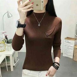 Wild Half Turtleneck Sweater Pocket Lady Solid Color Casual Long Sleeve Slim Knit Bottoming Pullovers Jumpers Female Spring 210427