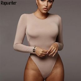 Skinny Solid Colour O-Neck Long Sleeve Sexy Bodysuit For Women Autumn Winter Sheer Female 210510