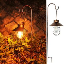 Outdoor Solar Wrought Iron Tungsten Light Bulb Disc Hanging Lamp Garden Terrace Decoration Edison Retro Lantern - Gold S