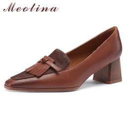 Meotina Pumps Women Block Heels Genuine Leather Fashion Shoes Ladies Square Toe Fringe Dress Footwear High Heel Shoes Brown 40 210520