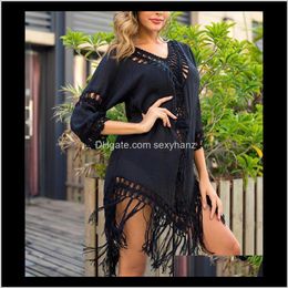 Womens Clothing Apparel Drop Delivery 2021 Sexy Tassel Cover Ups Tunic Swimsuit Beach Dress Tropical Hollow Out Beachwear Black Backless Summ