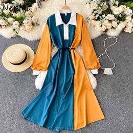 Neploe Hit Color Patchwork Vintage Dress Women High Waist Hip A Line Vestidos Turn Down Collar Long Sleeve Single Breast Robe 210423