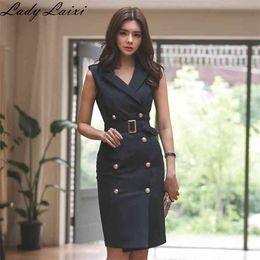 New Summer Sleeveless Notched Blazer Dress Double Breasted Sashes Bodycon Pencil Knee-Length OL Work Vestidos 210409