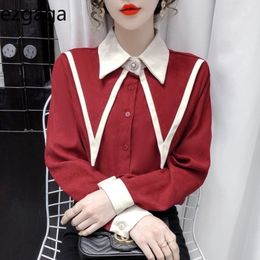 Ezgaga Office Lady Elegant Shirts Turn-Down Collar Long Sleeve Contrast Fashion Vintage Loose All-Match Women Blouse Korean Tops 210430