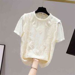 Summer Elegant Women V Neck Short Sleeves Lace Patchwork Chiffon Shirts Female Casual Pullover Tops Ladies Shirt Blouse 210428