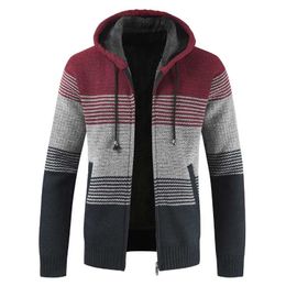 Sweater Coat Men Winter Thick Warm Hooded Cardigan Jumpers Men Striped Wool Liner Zipper Fleece Coats Men 211006