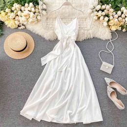Chic Women's Beach Holiday Ins V Neck Sleeveless Backless Bow High Waist A-line Dress Lady White Vestidos L294 210527