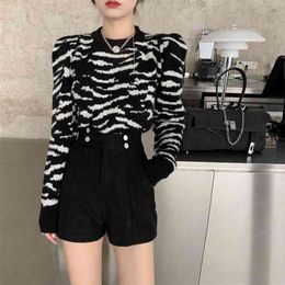 Autumn Light Mature Suit Women Style Retro Zebra Pattern Puff Sleeve Loose Wool Sweater Top GX1281 210507