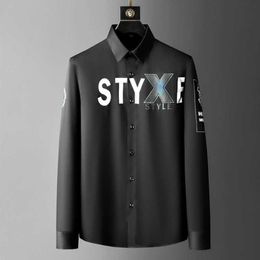 Letter Printed Shirts Men Long Sleeve Casual Shirt Luxury Drill Business Dress Shirts Slim Streetwear Chemise Homme 210527