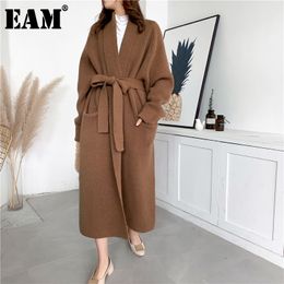 [EAM] Bandage Big Size Knitting Cardigan Sweater Loose Fit V-Neck Long Sleeve Women Fashion Autumn Winter 1Y191 210512