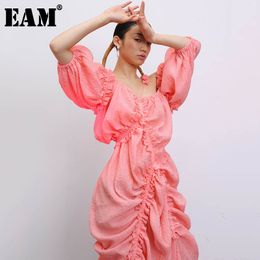 [EAM] Women Pleated Stitch Asymmetrical Big Size Dress V-Neck Half Sleeve Loose Fit Fashion Spring Summer 1T917 210512