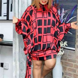 Women Loose Plaid Print Dresses Batwing Sleeves Plus Size African Fashion Vintage Female High Collar Retro Oversized Spring 210416
