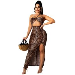 Casual Dresses Women Sexy One Shoulder Backless Hollow Out Leopard Print Bandage Long Slip Dress Bodycon High Split Party Club Maxi