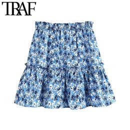 Women Chic Fashion Floral Print Ruffled Mini Skirt Vintage Elastic Waist Pleated Female Skirts Faldas Mujer 210507