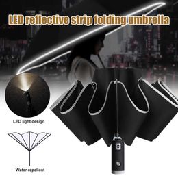 3 Fold Reverse Automatic Umbrella Cart Clear Rain Women's Parasol LED Light Reflective Strip Folding Sunny DTT 210626